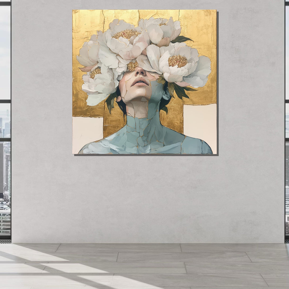 Floral Face Canvas, Golden Floral Art, Abstract Portrait, Modern Wall Decor,Large Wall Art Living Room Art,Framed Ready toHang