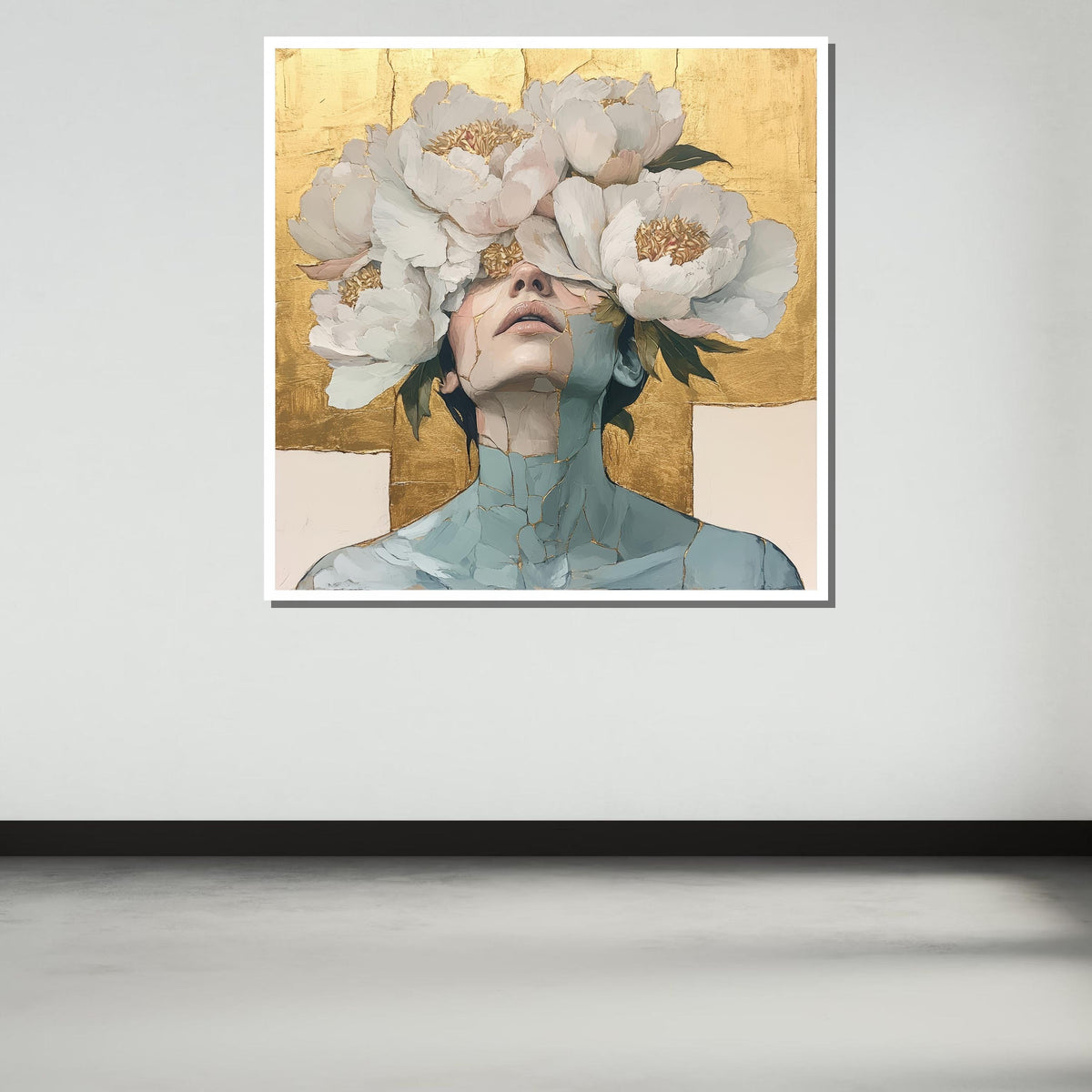 Floral Face Canvas, Golden Floral Art, Abstract Portrait, Modern Wall Decor,Large Wall Art Living Room Art,Framed Ready toHang