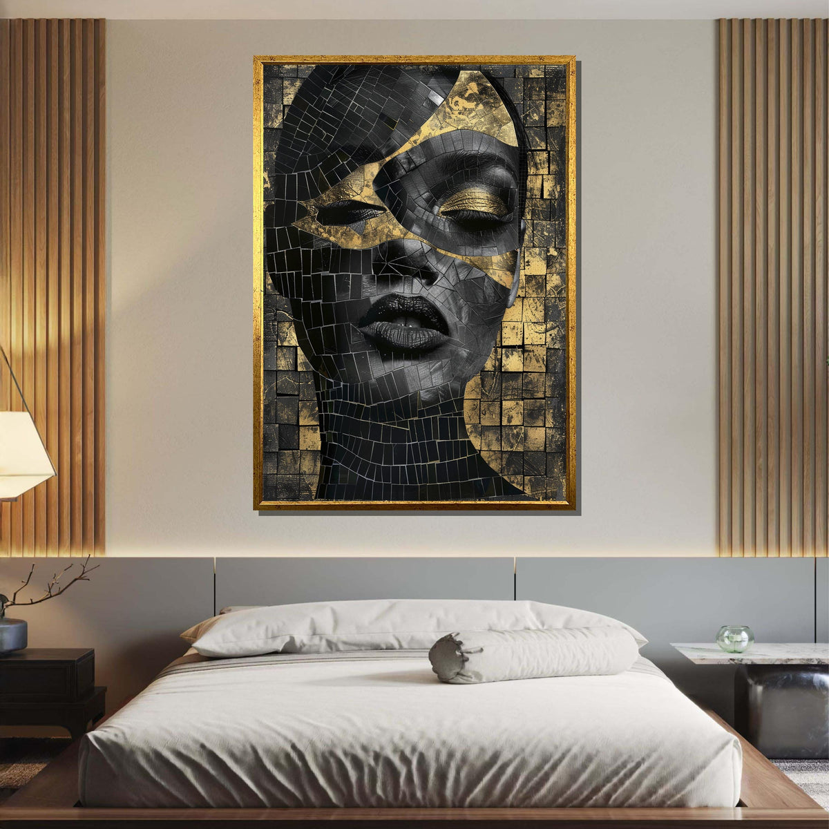 Woman Portrait, Golden Mosaic Woman Canvas, Abstract Black and Gold Wall Art, Glamour Portrait Art, Modern Decor, Ready to Hang Canvas