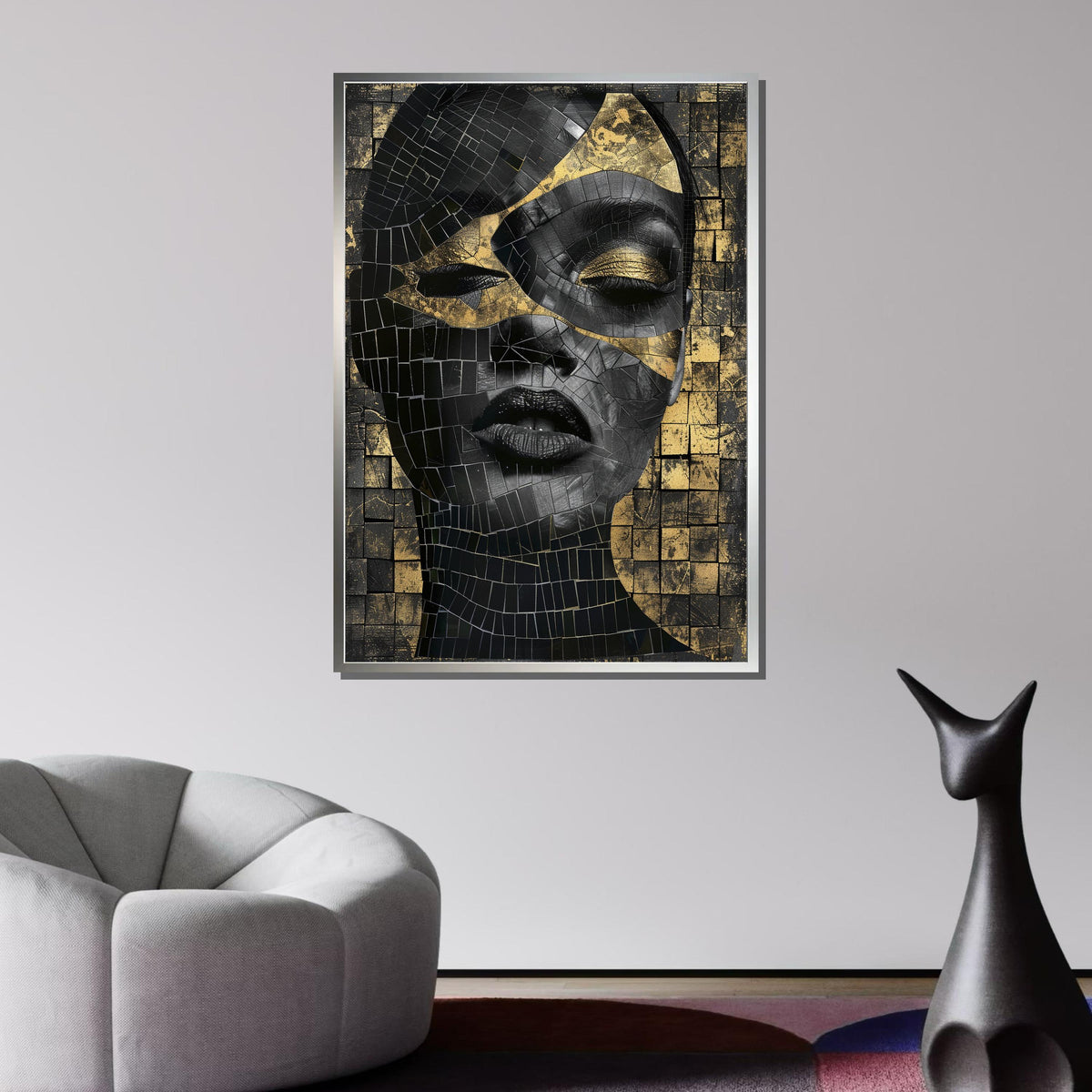 Woman Portrait, Golden Mosaic Woman Canvas, Abstract Black and Gold Wall Art, Glamour Portrait Art, Modern Decor, Ready to Hang Canvas