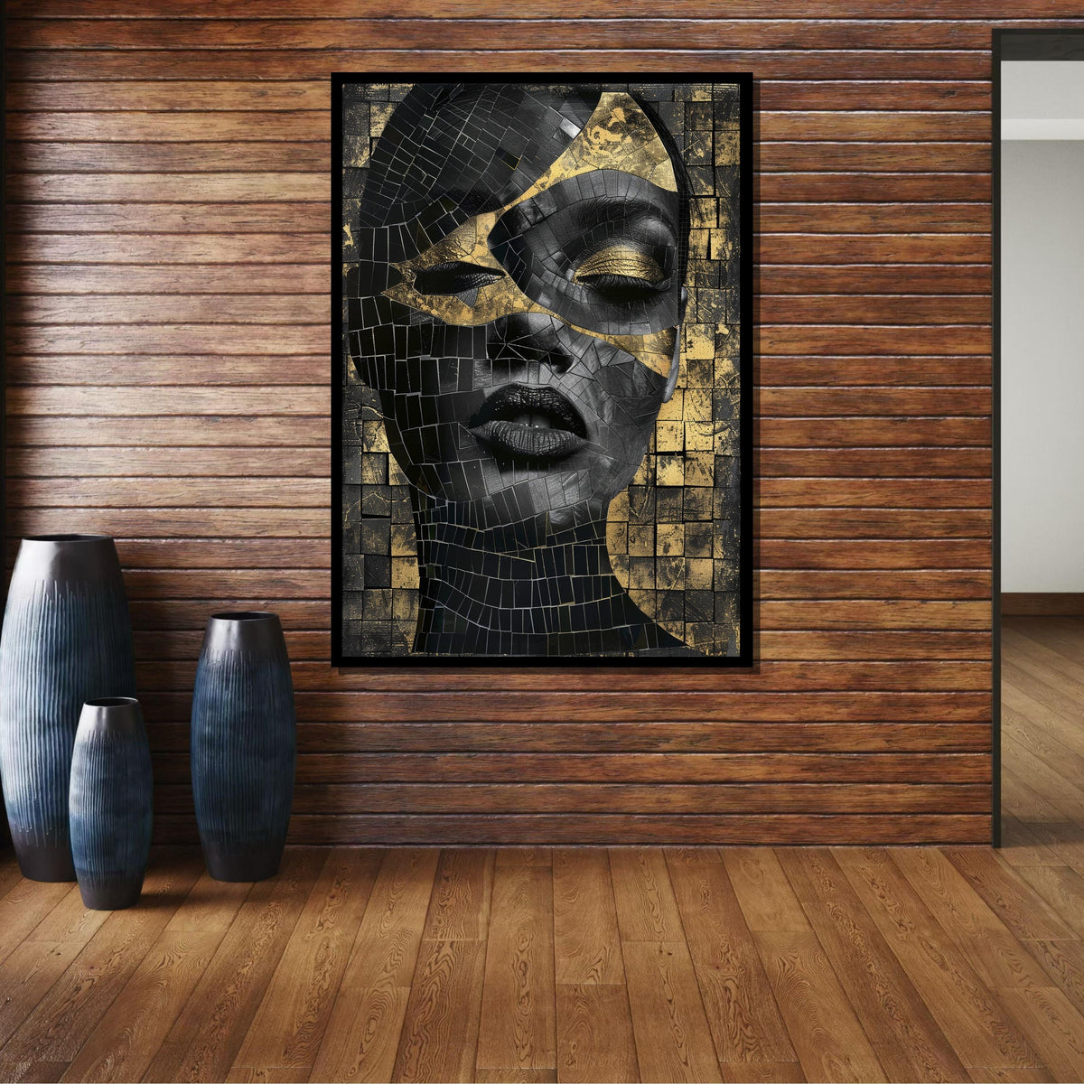 Woman Portrait, Golden Mosaic Woman Canvas, Abstract Black and Gold Wall Art, Glamour Portrait Art, Modern Decor, Ready to Hang Canvas