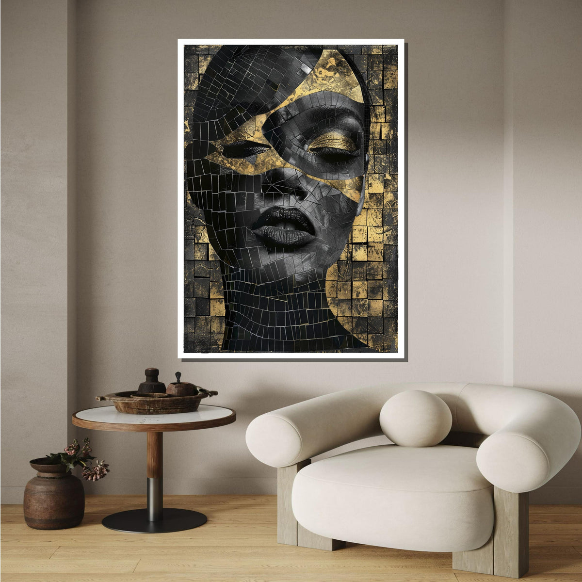 Woman Portrait, Golden Mosaic Woman Canvas, Abstract Black and Gold Wall Art, Glamour Portrait Art, Modern Decor, Ready to Hang Canvas