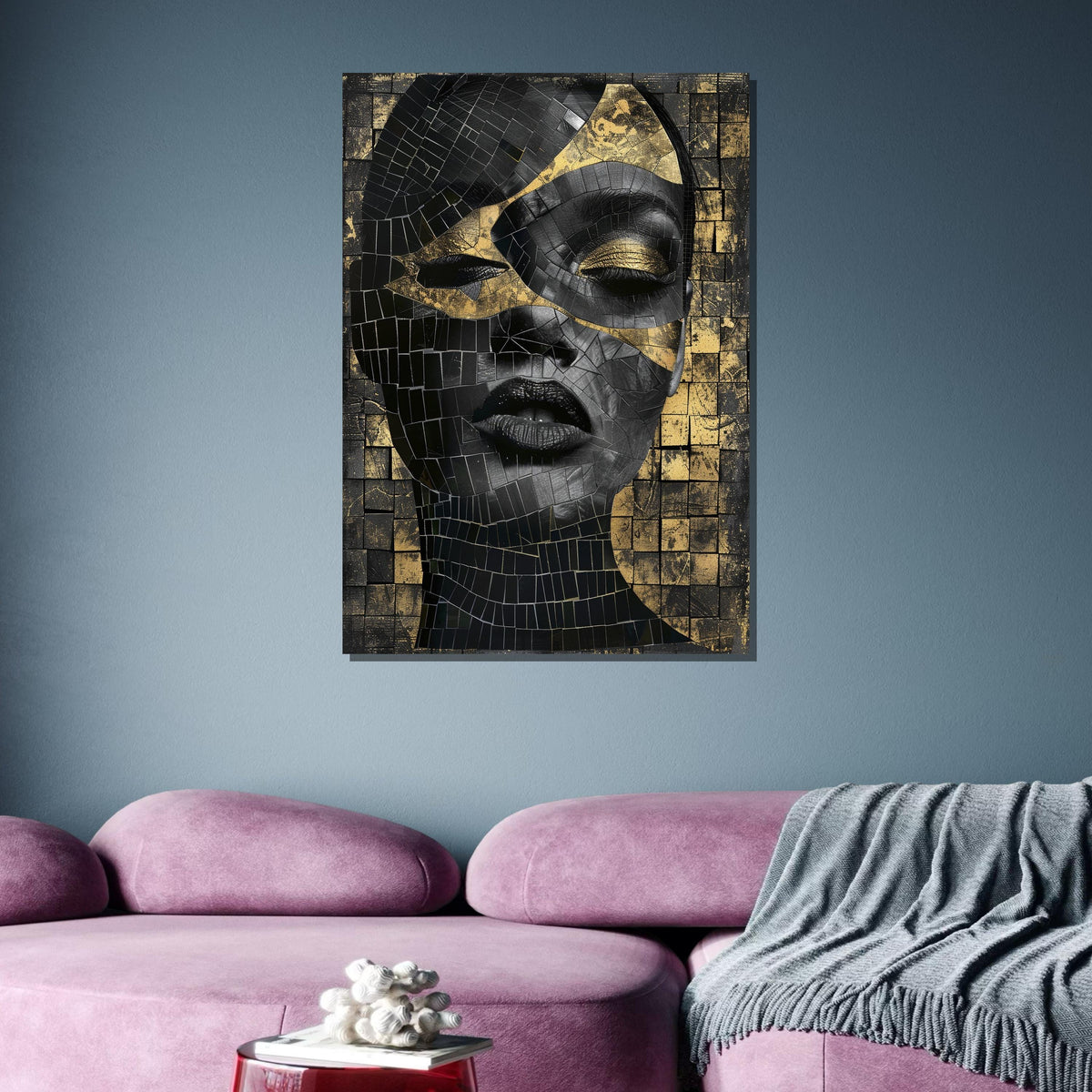 Woman Portrait, Golden Mosaic Woman Canvas, Abstract Black and Gold Wall Art, Glamour Portrait Art, Modern Decor, Ready to Hang Canvas