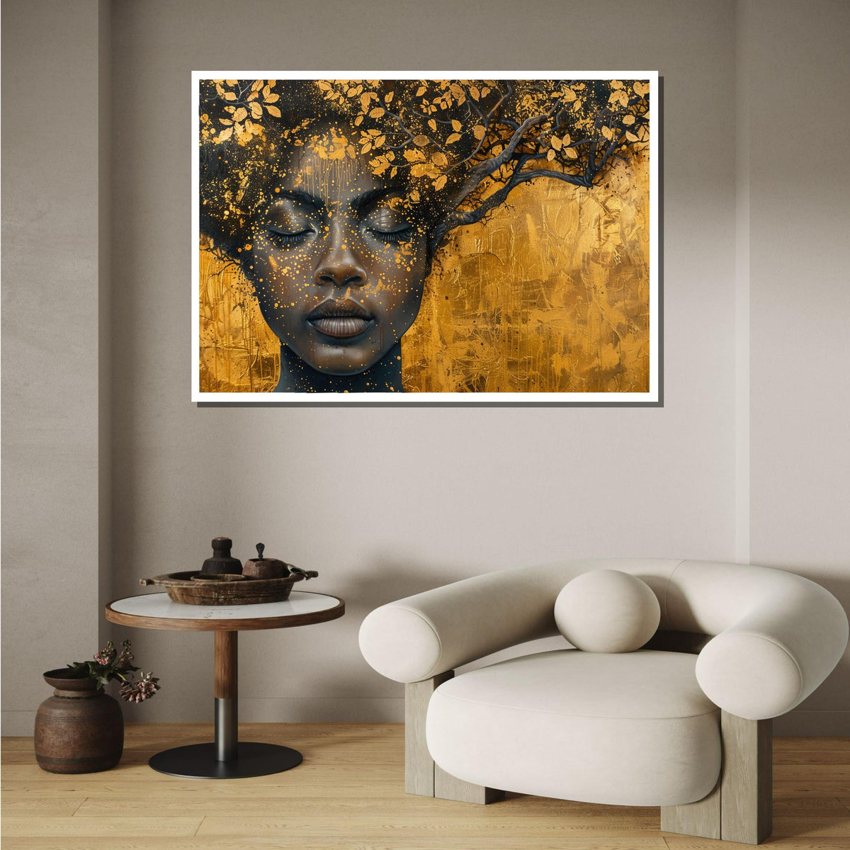 Golden Tree of Mind Canvas, Afrocentric Woman with Branches, Nature Portrait Art, Elegant Gold and Black Wall Decor,Ready to Hang Canvas