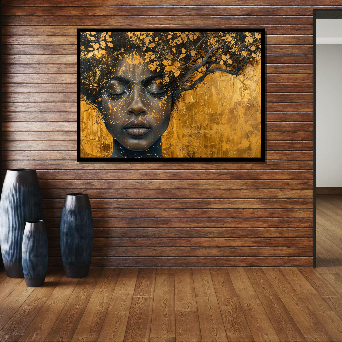 Golden Tree of Mind Canvas, Afrocentric Woman with Branches, Nature Portrait Art, Elegant Gold and Black Wall Decor,Ready to Hang Canvas