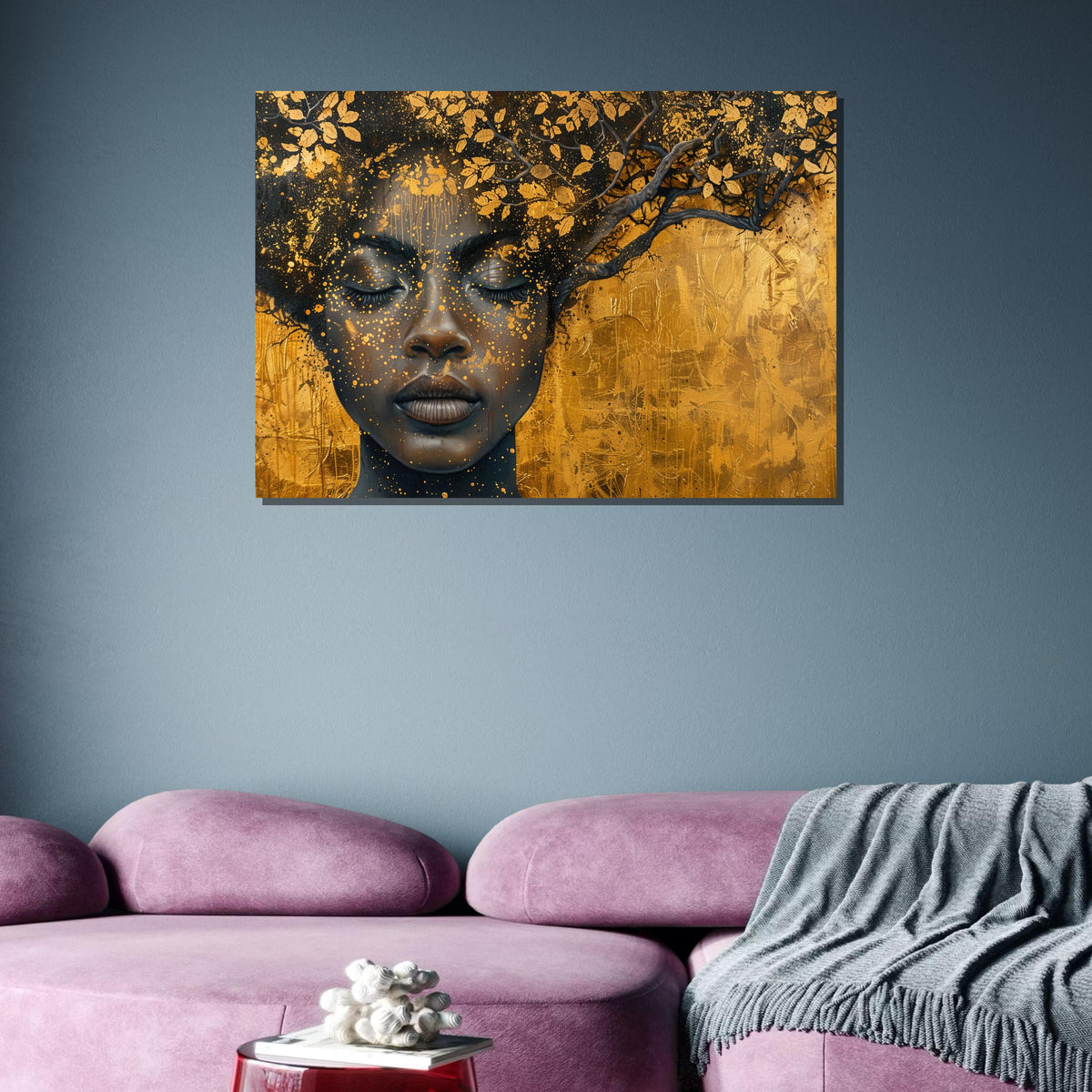 Golden Tree of Mind Canvas, Afrocentric Woman with Branches, Nature Portrait Art, Elegant Gold and Black Wall Decor,Ready to Hang Canvas