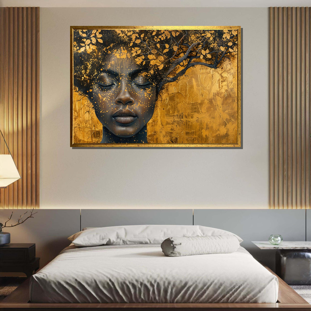 Golden Tree of Mind Canvas, Afrocentric Woman with Branches, Nature Portrait Art, Elegant Gold and Black Wall Decor,Ready to Hang Canvas
