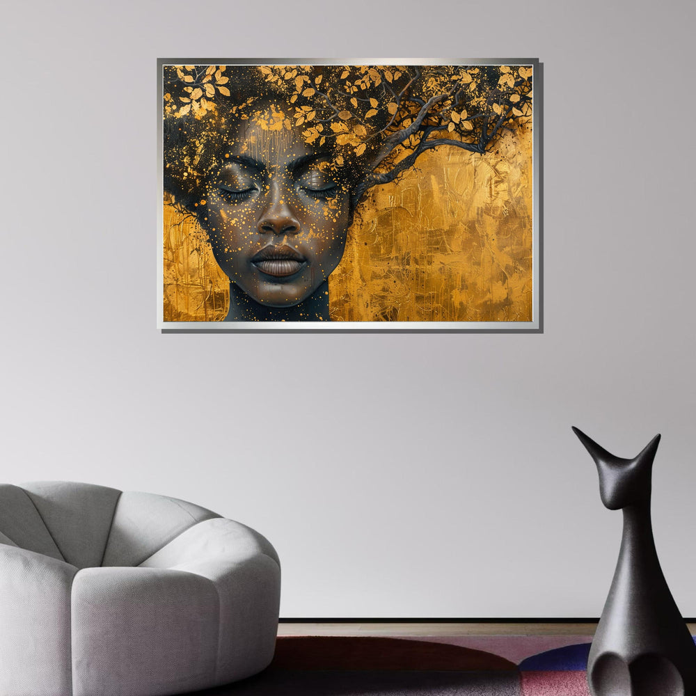 Golden Tree of Mind Canvas, Afrocentric Woman with Branches, Nature Portrait Art, Elegant Gold and Black Wall Decor,Ready to Hang Canvas