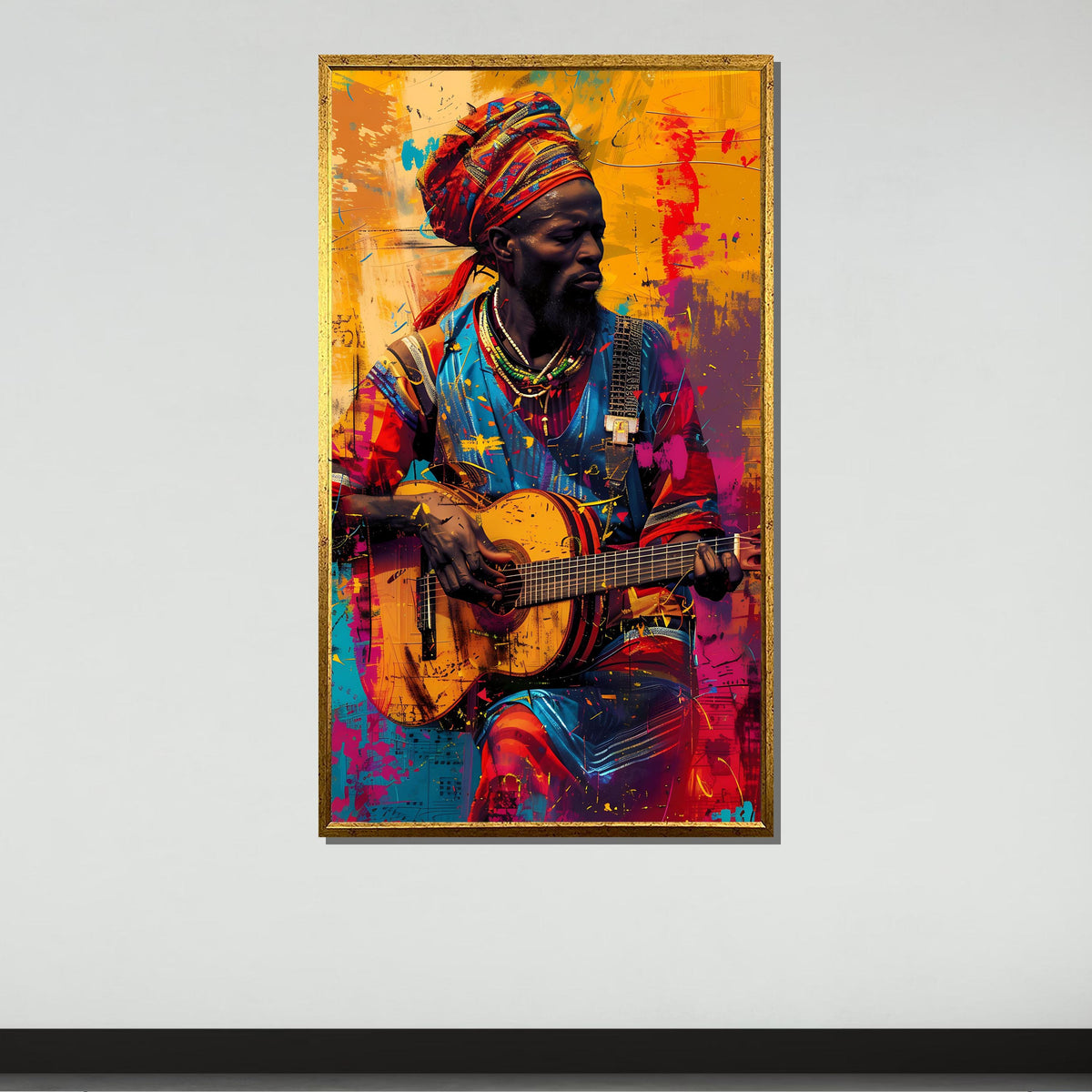 Colorful African Guitarist Canvas, Vibrant Musician Wall Art, Tribal Music Portrait, Afrocentric Art Print, Ready to Hang Canvas