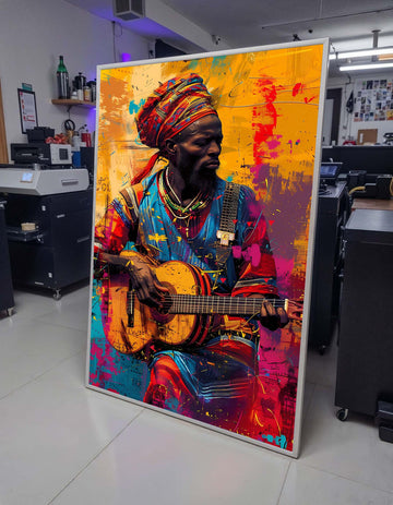 Colorful African Guitarist Canvas, Vibrant Musician Wall Art, Tribal Music Portrait, Afrocentric Art Print, Ready to Hang Canvas