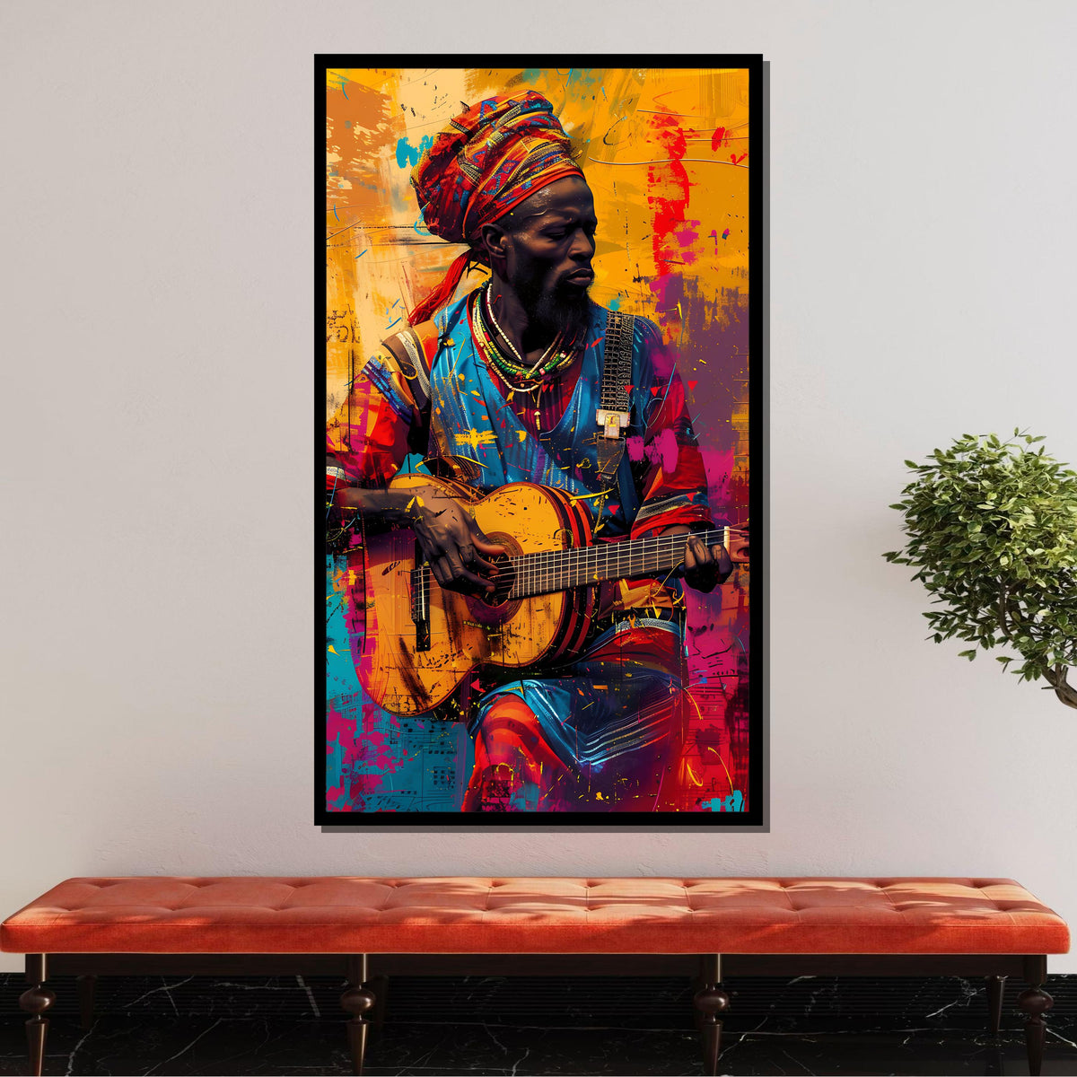 Colorful African Guitarist Canvas, Vibrant Musician Wall Art, Tribal Music Portrait, Afrocentric Art Print, Ready to Hang Canvas