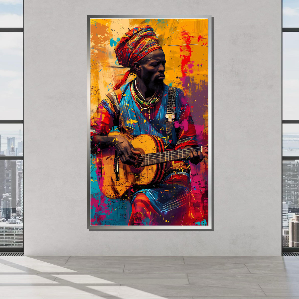 Colorful African Guitarist Canvas, Vibrant Musician Wall Art, Tribal Music Portrait, Afrocentric Art Print, Ready to Hang Canvas
