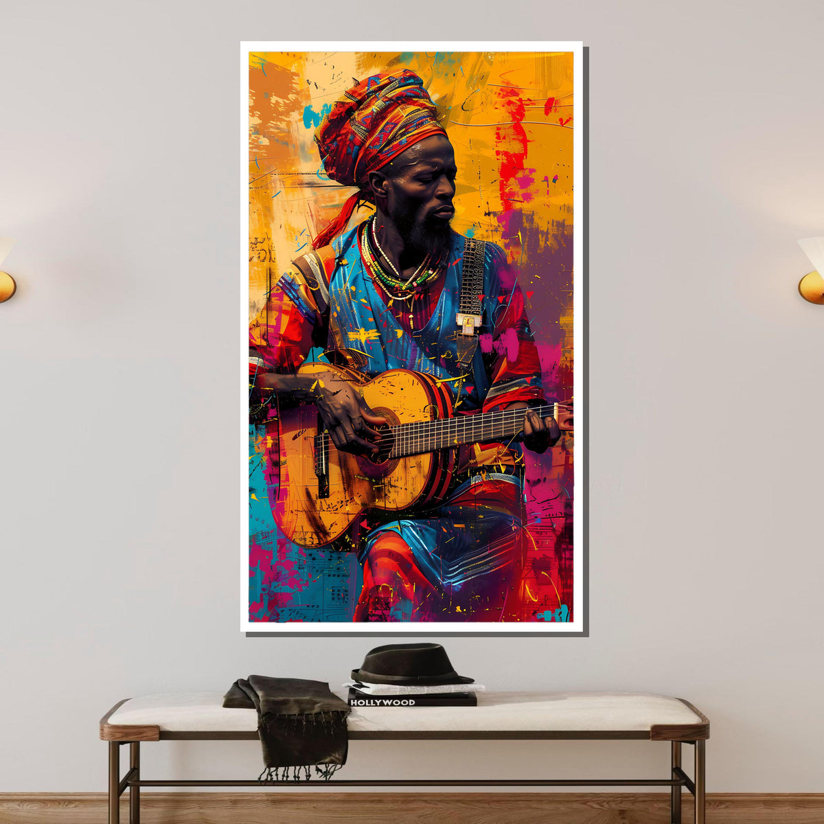 Colorful African Guitarist Canvas, Vibrant Musician Wall Art, Tribal Music Portrait, Afrocentric Art Print, Ready to Hang Canvas