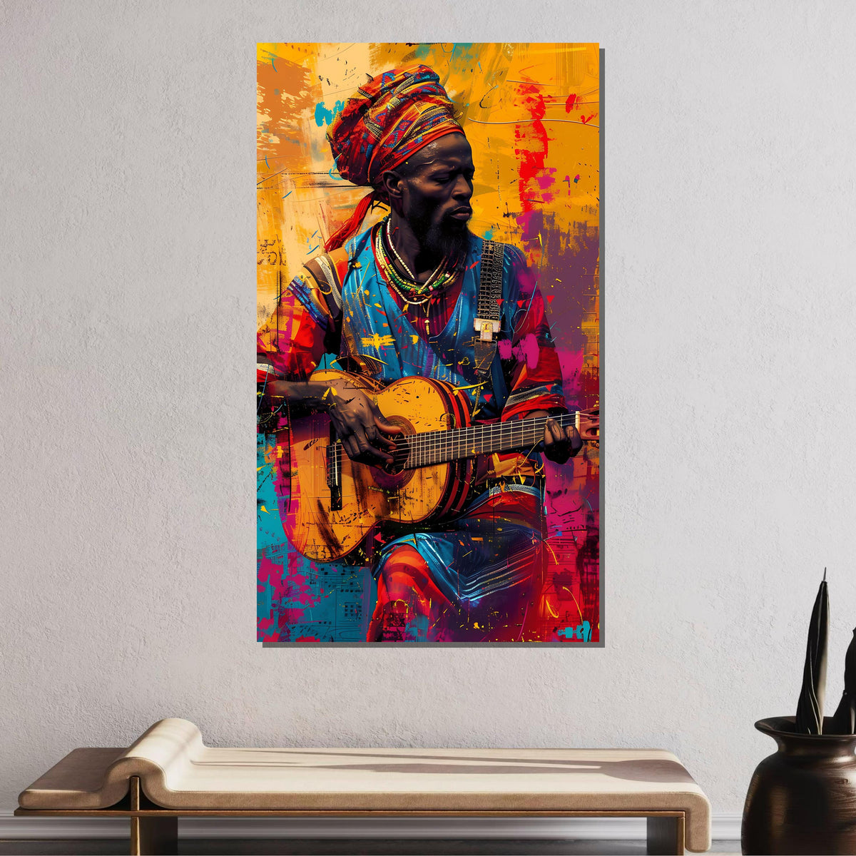 Colorful African Guitarist Canvas, Vibrant Musician Wall Art, Tribal Music Portrait, Afrocentric Art Print, Ready to Hang Canvas