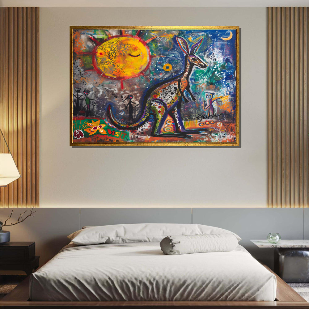 Graffiti Kangaroo Canvas, Abstract Australian Wall Art, Colorful Sun and Moon Painting, Urban Animal Street Art Print, Animal Decor