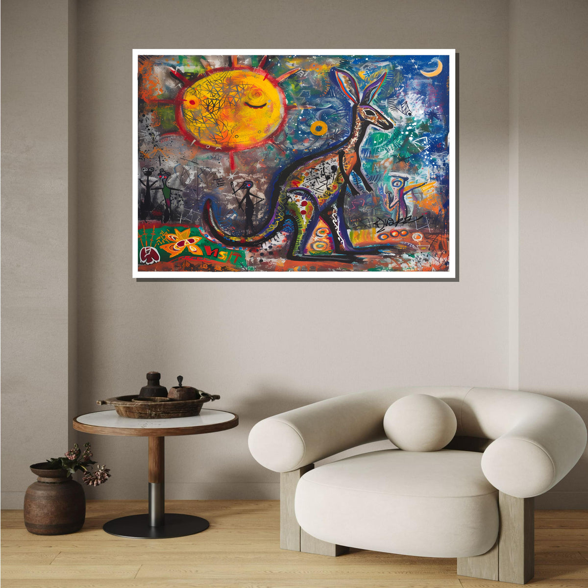 Graffiti Kangaroo Canvas, Abstract Australian Wall Art, Colorful Sun and Moon Painting, Urban Animal Street Art Print, Animal Decor