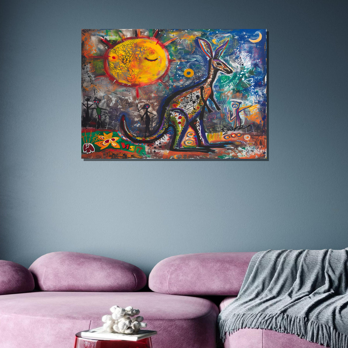 Graffiti Kangaroo Canvas, Abstract Australian Wall Art, Colorful Sun and Moon Painting, Urban Animal Street Art Print, Animal Decor