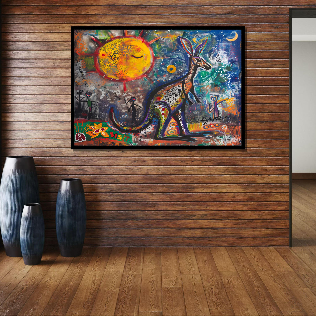 Graffiti Kangaroo Canvas, Abstract Australian Wall Art, Colorful Sun and Moon Painting, Urban Animal Street Art Print, Animal Decor