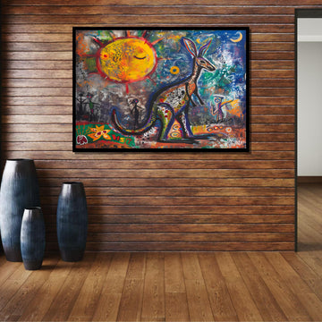 Graffiti Kangaroo Canvas, Abstract Australian Wall Art, Colorful Sun and Moon Painting, Urban Animal Street Art Print, Animal Decor