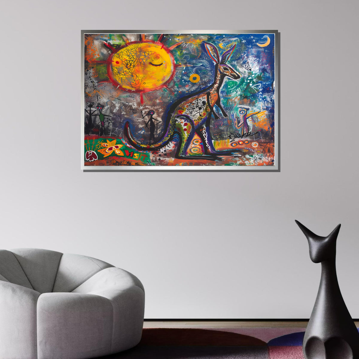 Graffiti Kangaroo Canvas, Abstract Australian Wall Art, Colorful Sun and Moon Painting, Urban Animal Street Art Print, Animal Decor