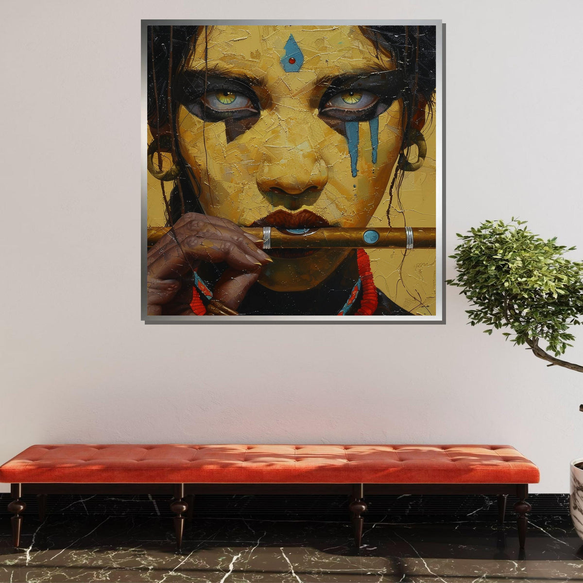 Mystical Flute Player Portrait, Tribal Woman Wall Art, Ethnic Expression Canvas, Spiritual Warrior Decor, Ready to Hang Painting,Afro Woman