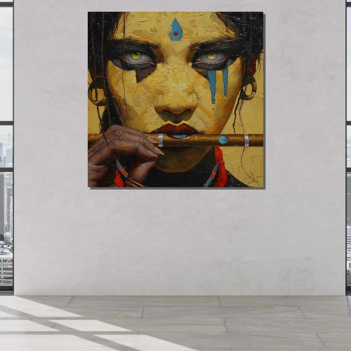 Mystical Flute Player Portrait, Tribal Woman Wall Art, Ethnic Expression Canvas, Spiritual Warrior Decor, Ready to Hang Painting,Afro Woman
