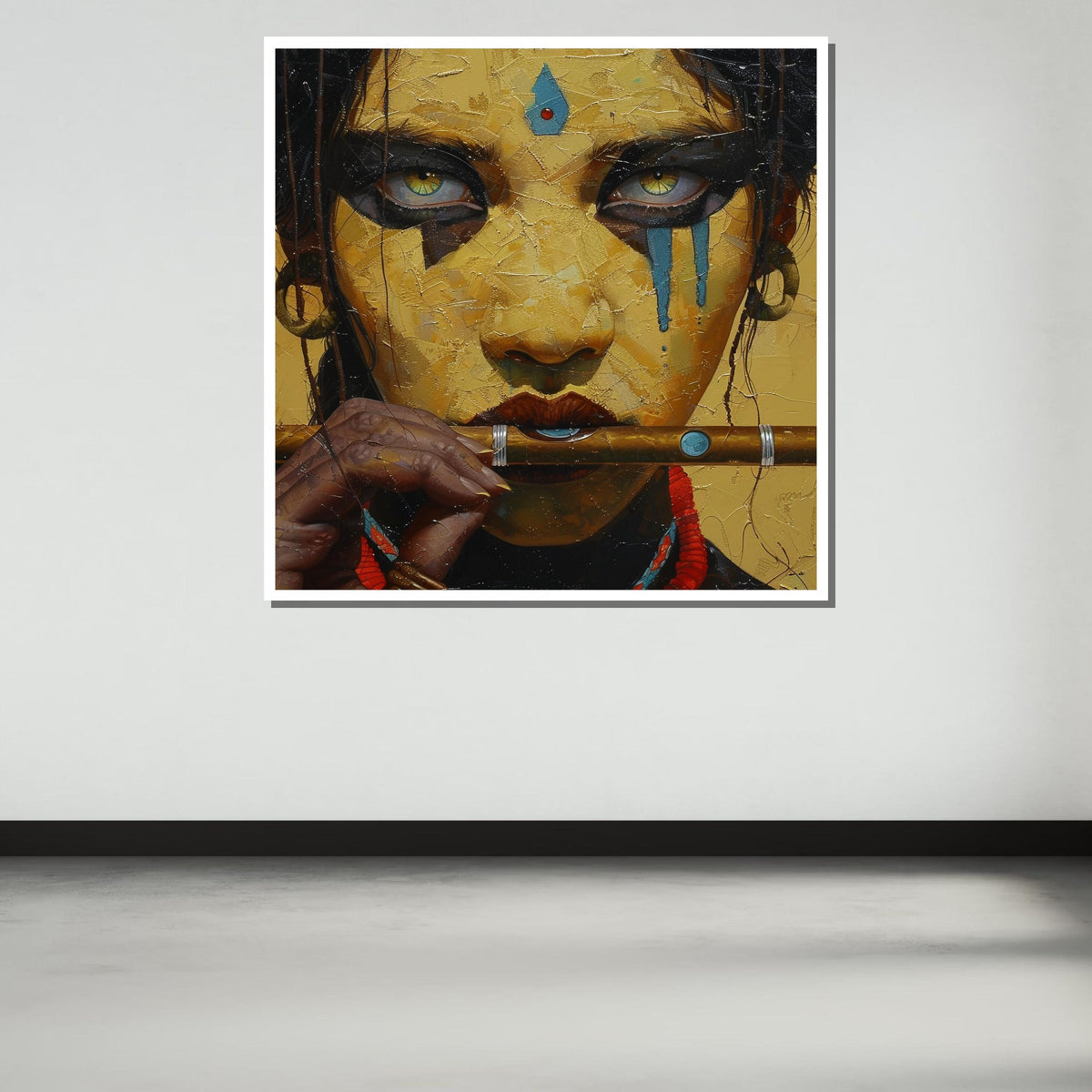 Mystical Flute Player Portrait, Tribal Woman Wall Art, Ethnic Expression Canvas, Spiritual Warrior Decor, Ready to Hang Painting,Afro Woman