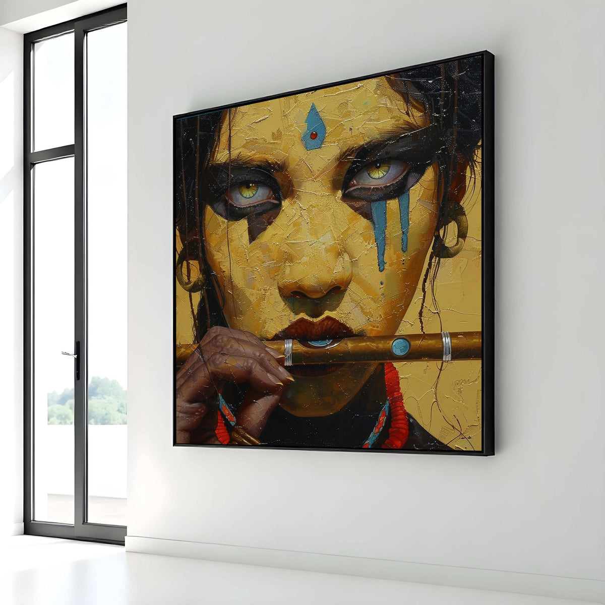 Mystical Flute Player Portrait, Tribal Woman Wall Art, Ethnic Expression Canvas, Spiritual Warrior Decor, Ready to Hang Painting,Afro Woman