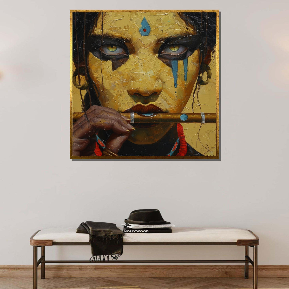Mystical Flute Player Portrait, Tribal Woman Wall Art, Ethnic Expression Canvas, Spiritual Warrior Decor, Ready to Hang Painting,Afro Woman