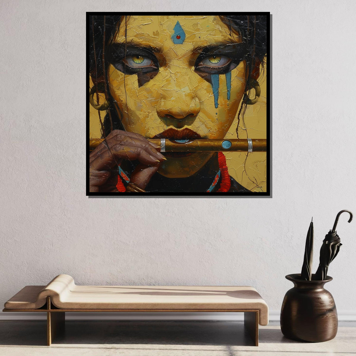 Mystical Flute Player Portrait, Tribal Woman Wall Art, Ethnic Expression Canvas, Spiritual Warrior Decor, Ready to Hang Painting,Afro Woman