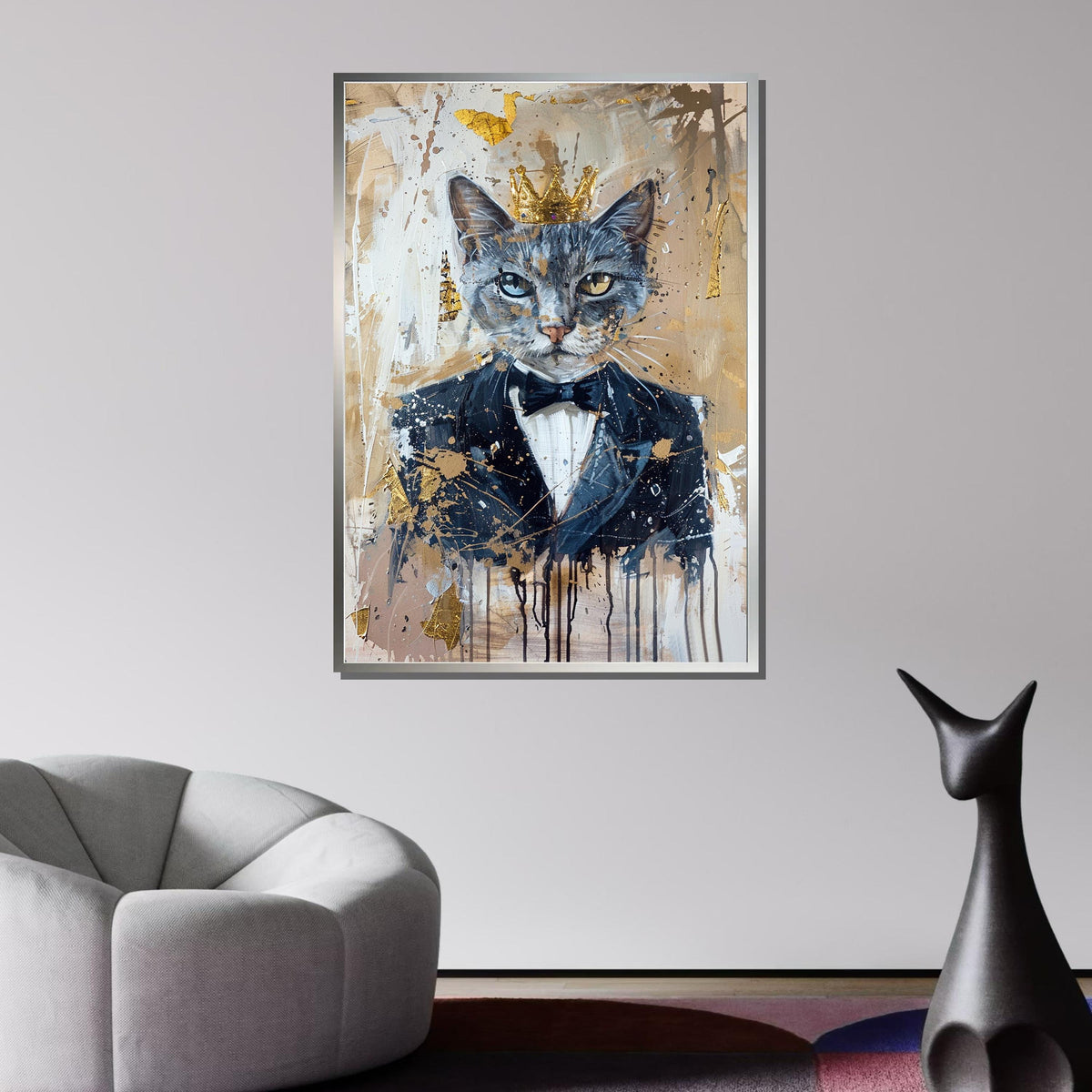 Royal Cat in Tuxedo, Majestic Cat Art, Cat Portrait with Crown, Elegant Cat Canvas, Whimsical Feline Wall Art, Animal Art, Ready to Hang