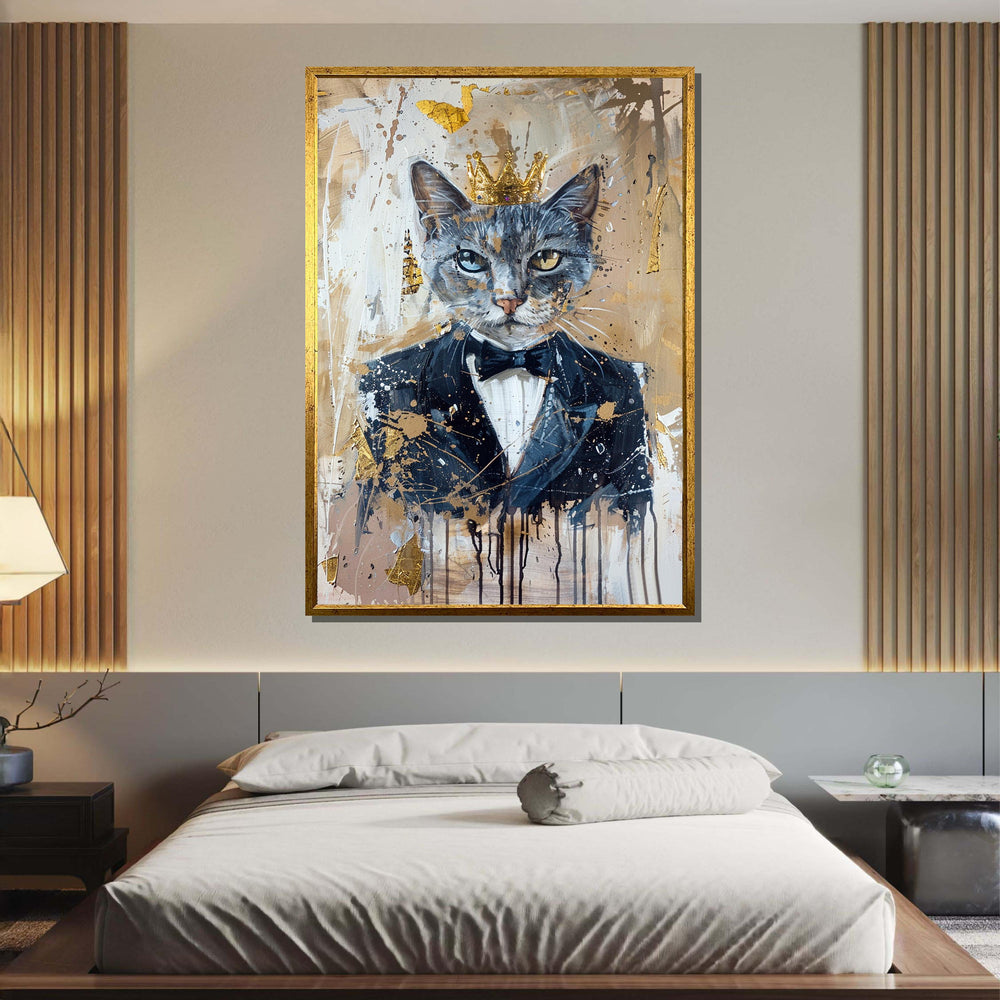 Royal Cat in Tuxedo, Majestic Cat Art, Cat Portrait with Crown, Elegant Cat Canvas, Whimsical Feline Wall Art, Animal Art, Ready to Hang