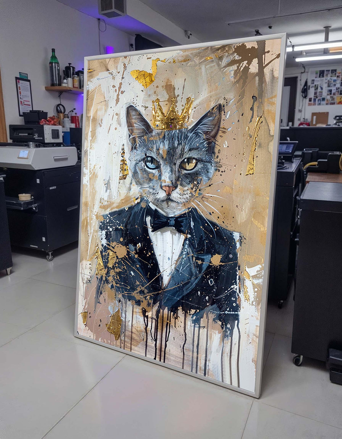 Royal Cat in Tuxedo, Majestic Cat Art, Cat Portrait with Crown, Elegant Cat Canvas, Whimsical Feline Wall Art, Animal Art, Ready to Hang
