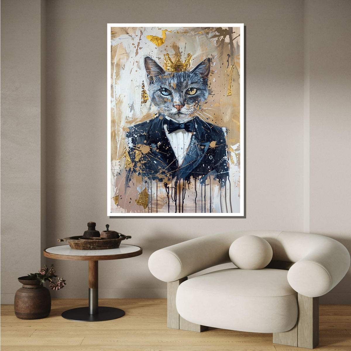 Royal Cat in Tuxedo, Majestic Cat Art, Cat Portrait with Crown, Elegant Cat Canvas, Whimsical Feline Wall Art, Animal Art, Ready to Hang