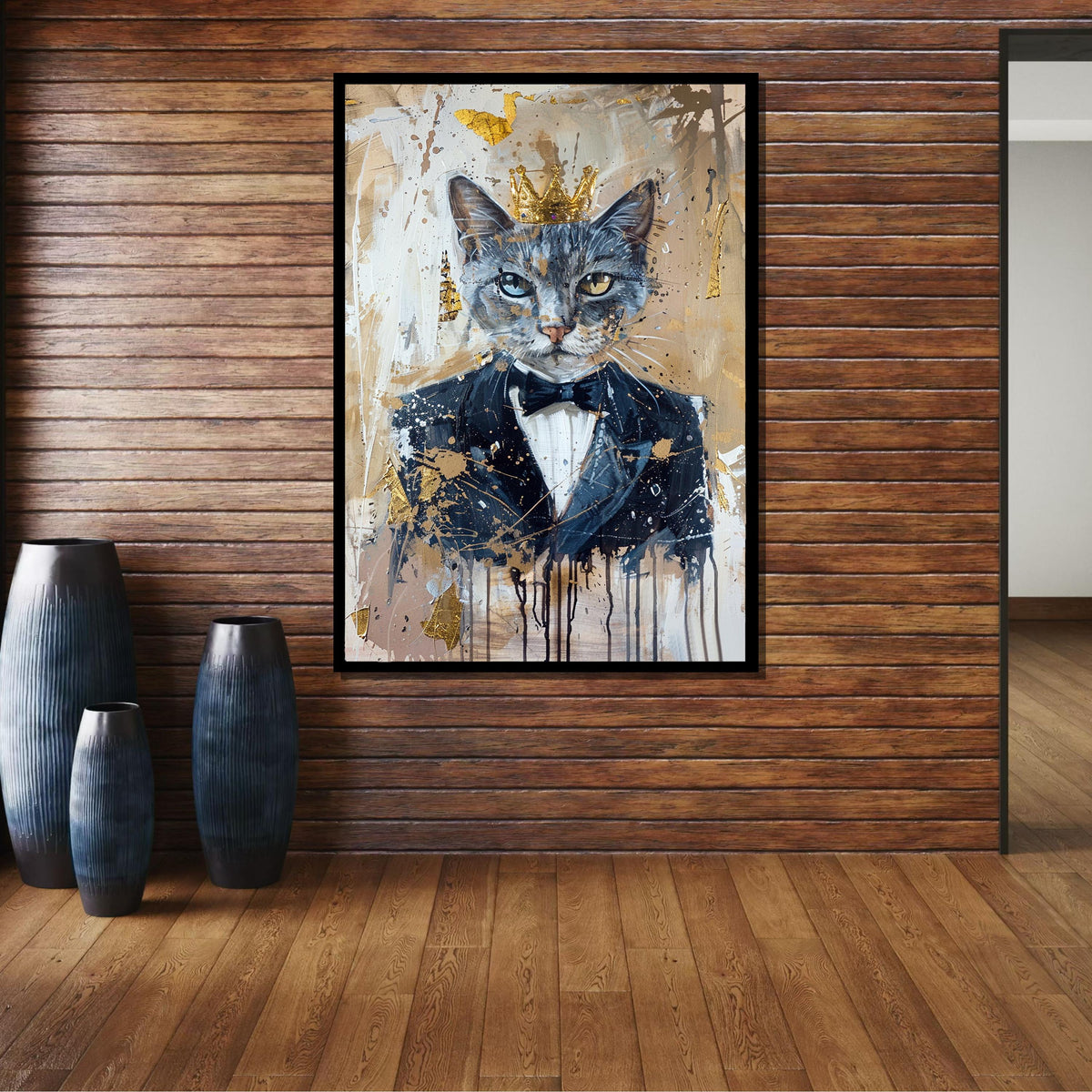 Royal Cat in Tuxedo, Majestic Cat Art, Cat Portrait with Crown, Elegant Cat Canvas, Whimsical Feline Wall Art, Animal Art, Ready to Hang