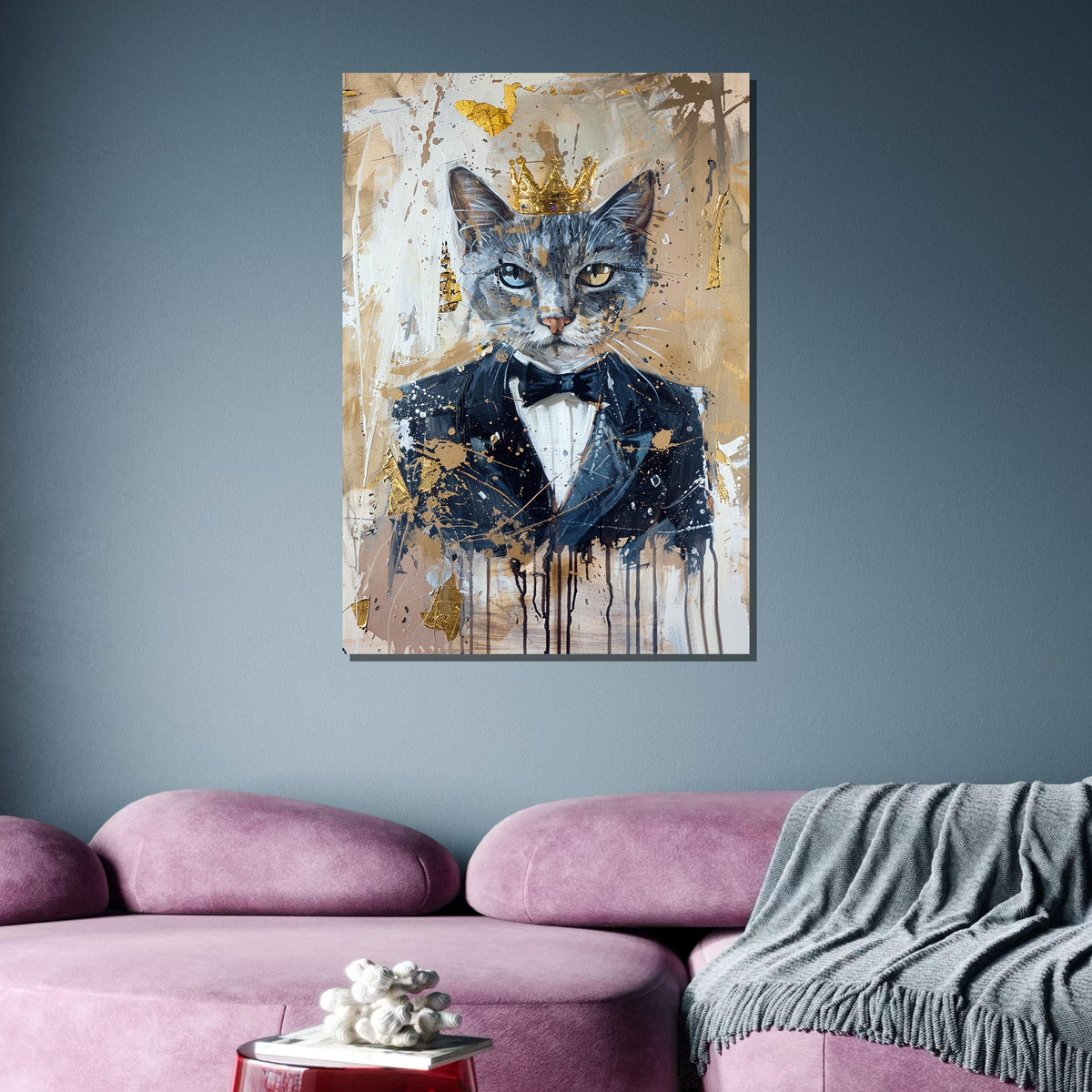 Royal Cat in Tuxedo, Majestic Cat Art, Cat Portrait with Crown, Elegant Cat Canvas, Whimsical Feline Wall Art, Animal Art, Ready to Hang
