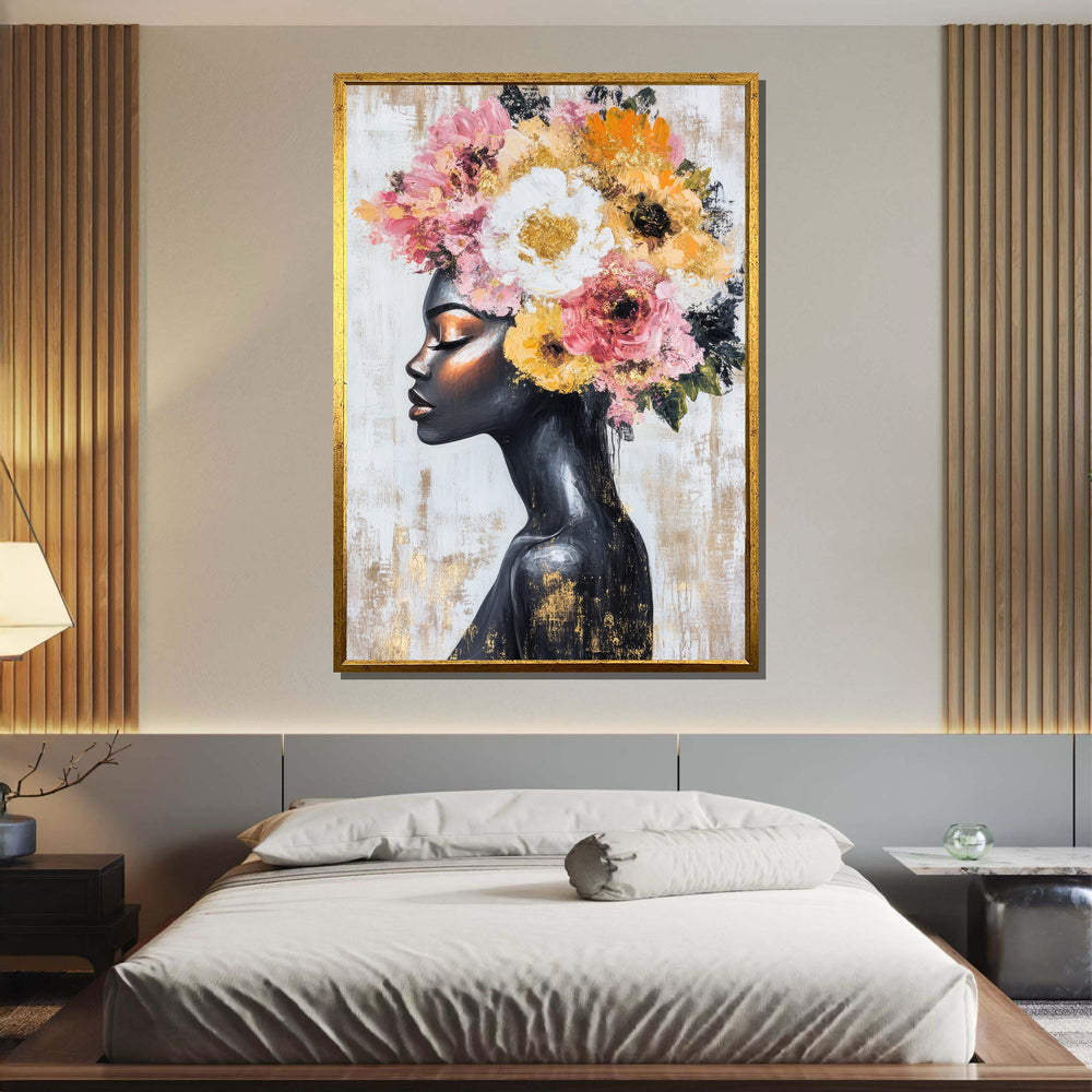 Elegant Floral Crown Portrait, African Woman Canvas, Black Beauty Wall Art, Woman Floral Painting, Ready to Hang Art Decor