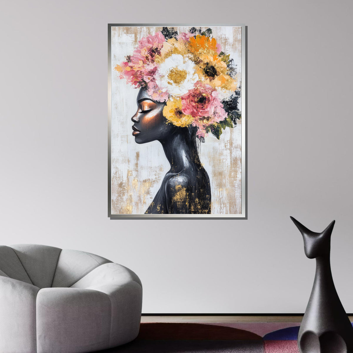 Elegant Floral Crown Portrait, African Woman Canvas, Black Beauty Wall Art, Woman Floral Painting, Ready to Hang Art Decor
