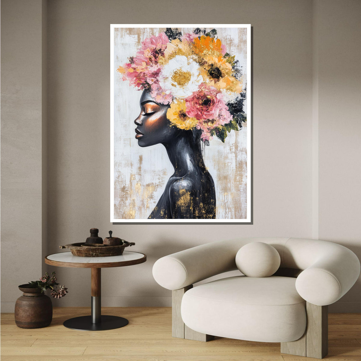 Elegant Floral Crown Portrait, African Woman Canvas, Black Beauty Wall Art, Woman Floral Painting, Ready to Hang Art Decor