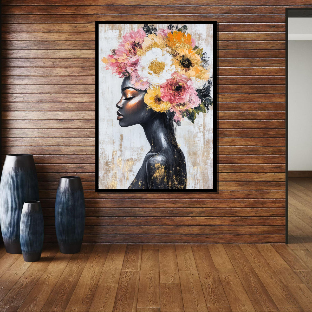 Elegant Floral Crown Portrait, African Woman Canvas, Black Beauty Wall Art, Woman Floral Painting, Ready to Hang Art Decor