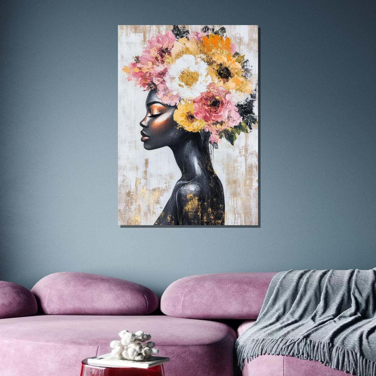 Elegant Floral Crown Portrait, African Woman Canvas, Black Beauty Wall Art, Woman Floral Painting, Ready to Hang Art Decor