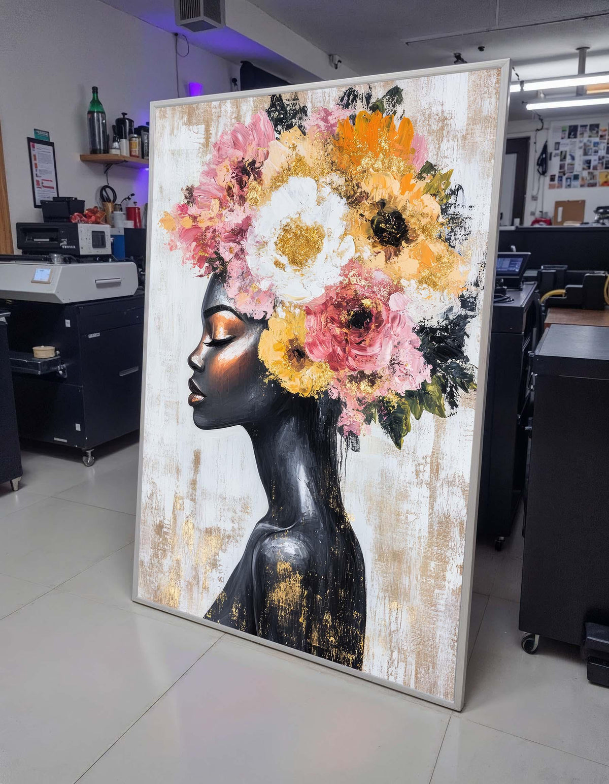 Elegant Floral Crown Portrait, African Woman Canvas, Black Beauty Wall Art, Woman Floral Painting, Ready to Hang Art Decor