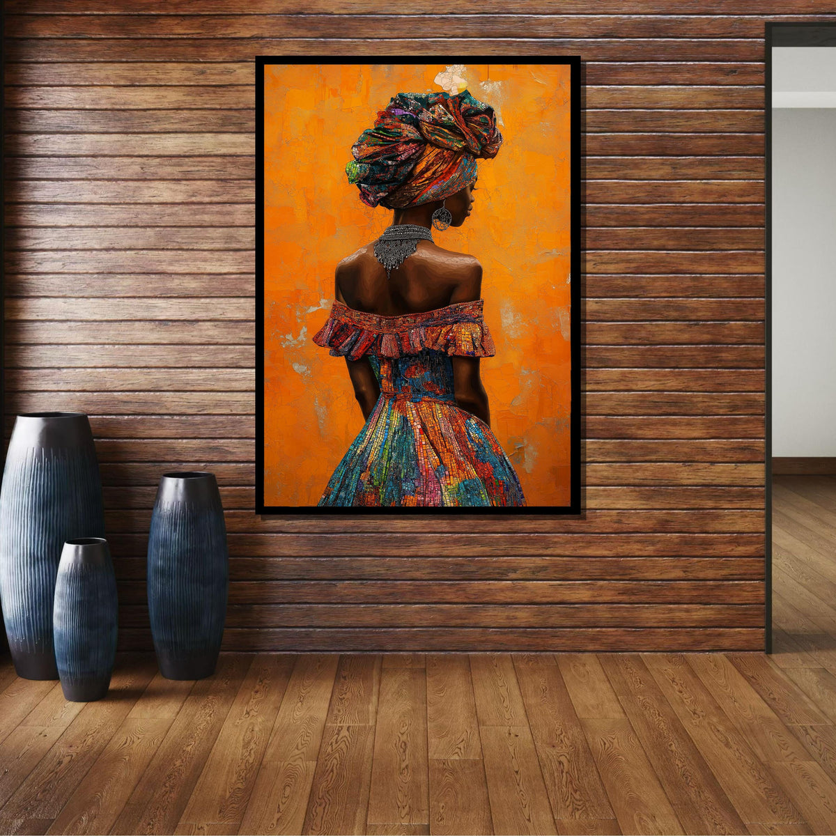 Elegant African Woman Canvas, Mosaic Portrait Art, Vibrant Headwrap Wall Art, African Dress Decor, Bold Orange Background, Ready to Hang