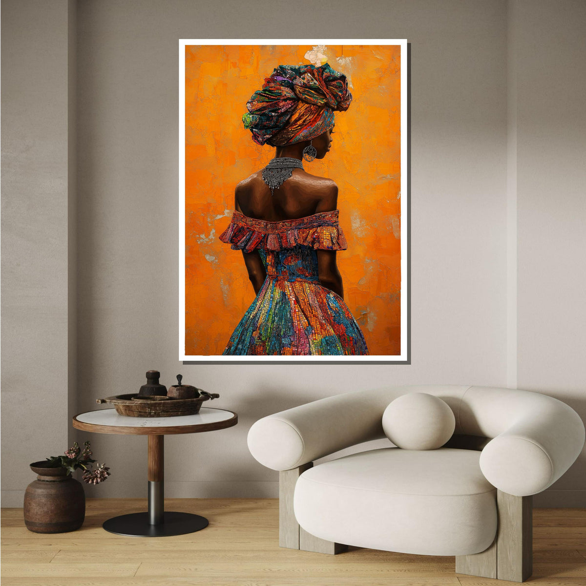 Elegant African Woman Canvas, Mosaic Portrait Art, Vibrant Headwrap Wall Art, African Dress Decor, Bold Orange Background, Ready to Hang