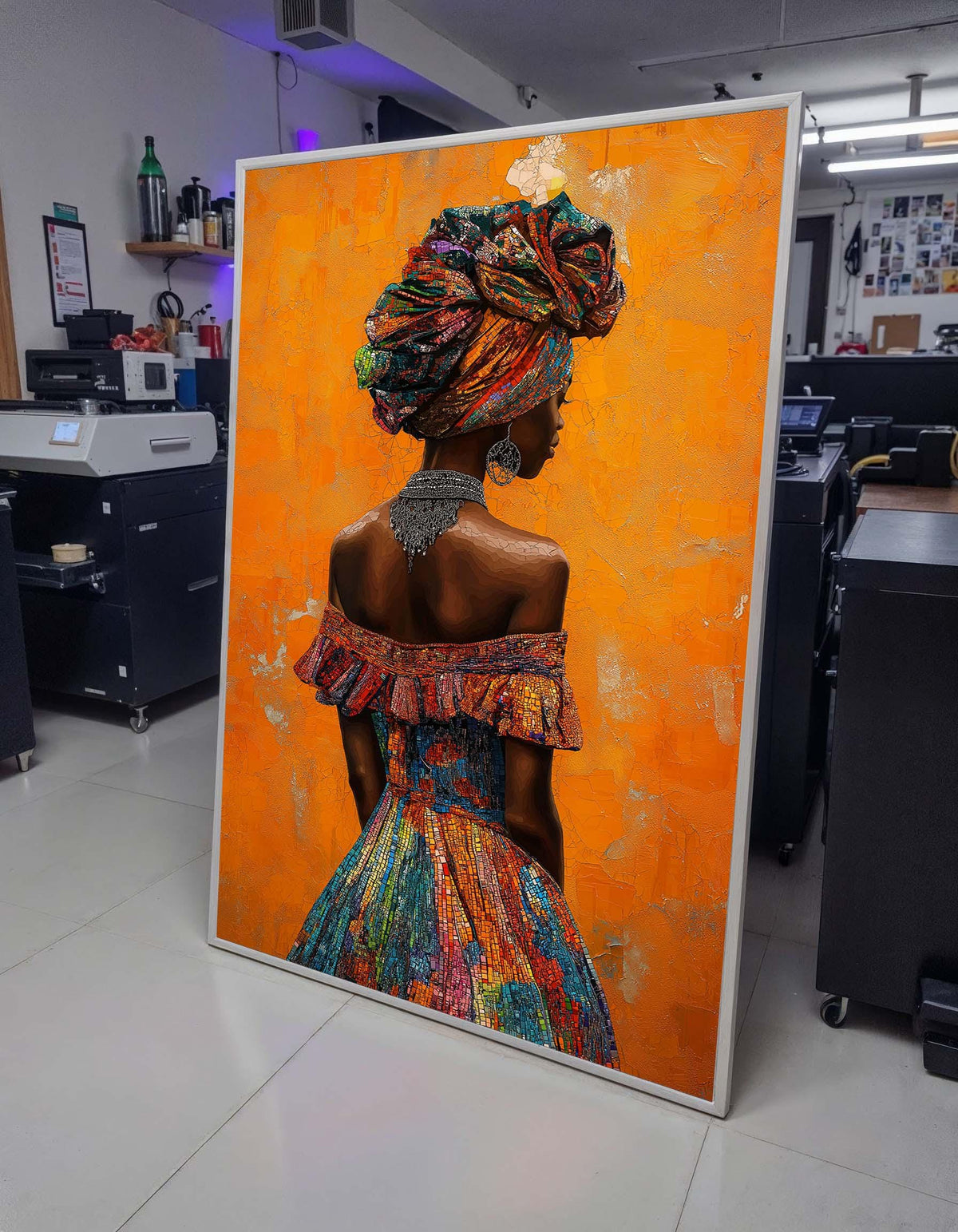 Elegant African Woman Canvas, Mosaic Portrait Art, Vibrant Headwrap Wall Art, African Dress Decor, Bold Orange Background, Ready to Hang