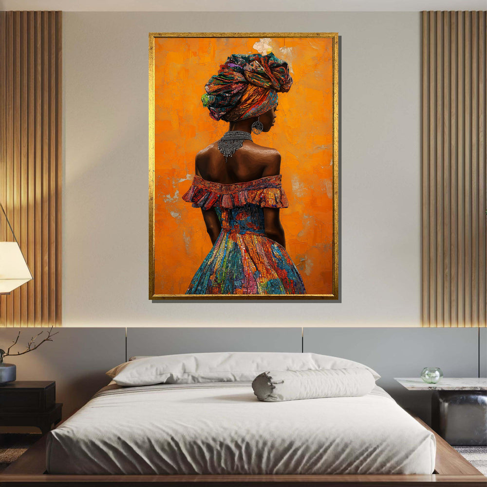 Elegant African Woman Canvas, Mosaic Portrait Art, Vibrant Headwrap Wall Art, African Dress Decor, Bold Orange Background, Ready to Hang