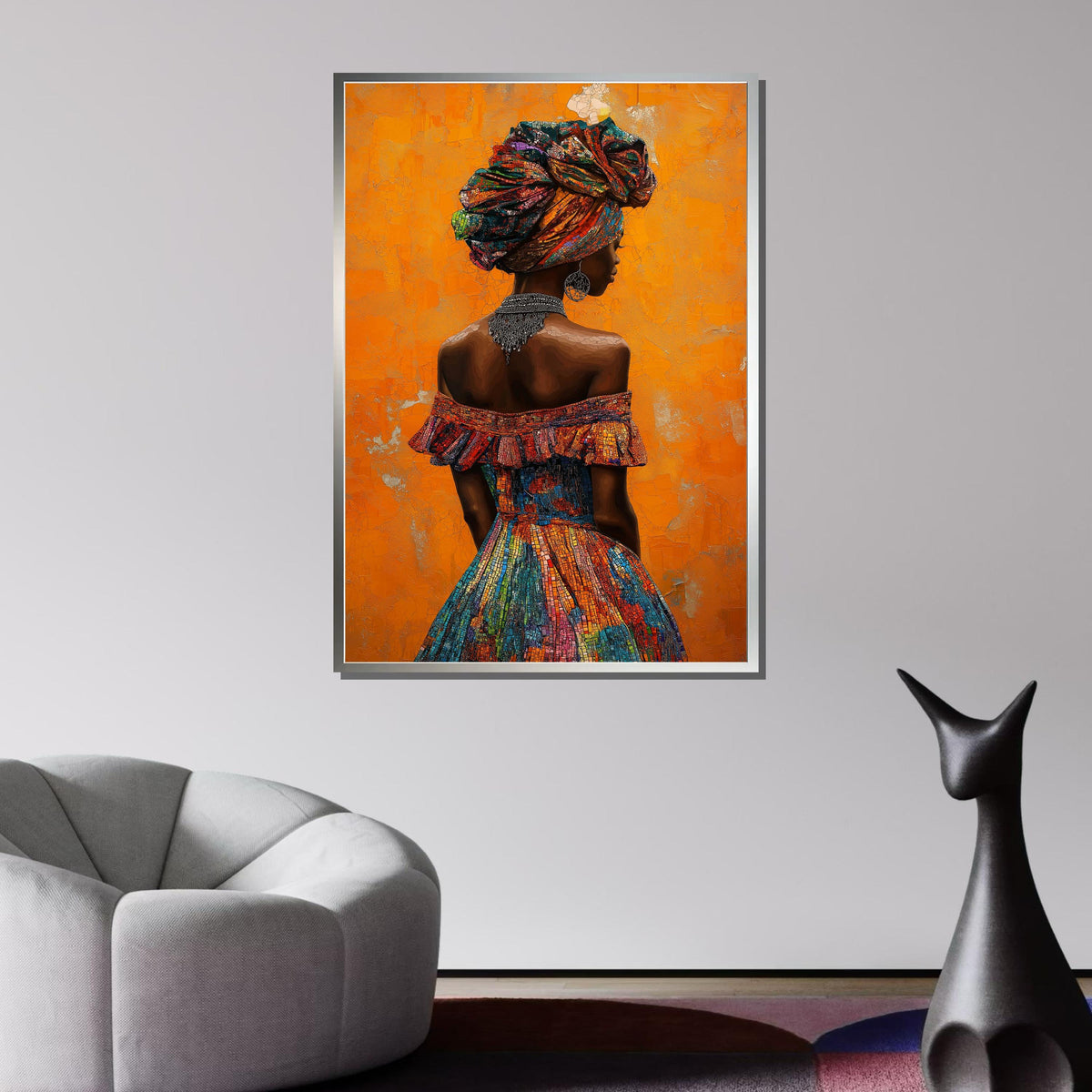 Elegant African Woman Canvas, Mosaic Portrait Art, Vibrant Headwrap Wall Art, African Dress Decor, Bold Orange Background, Ready to Hang