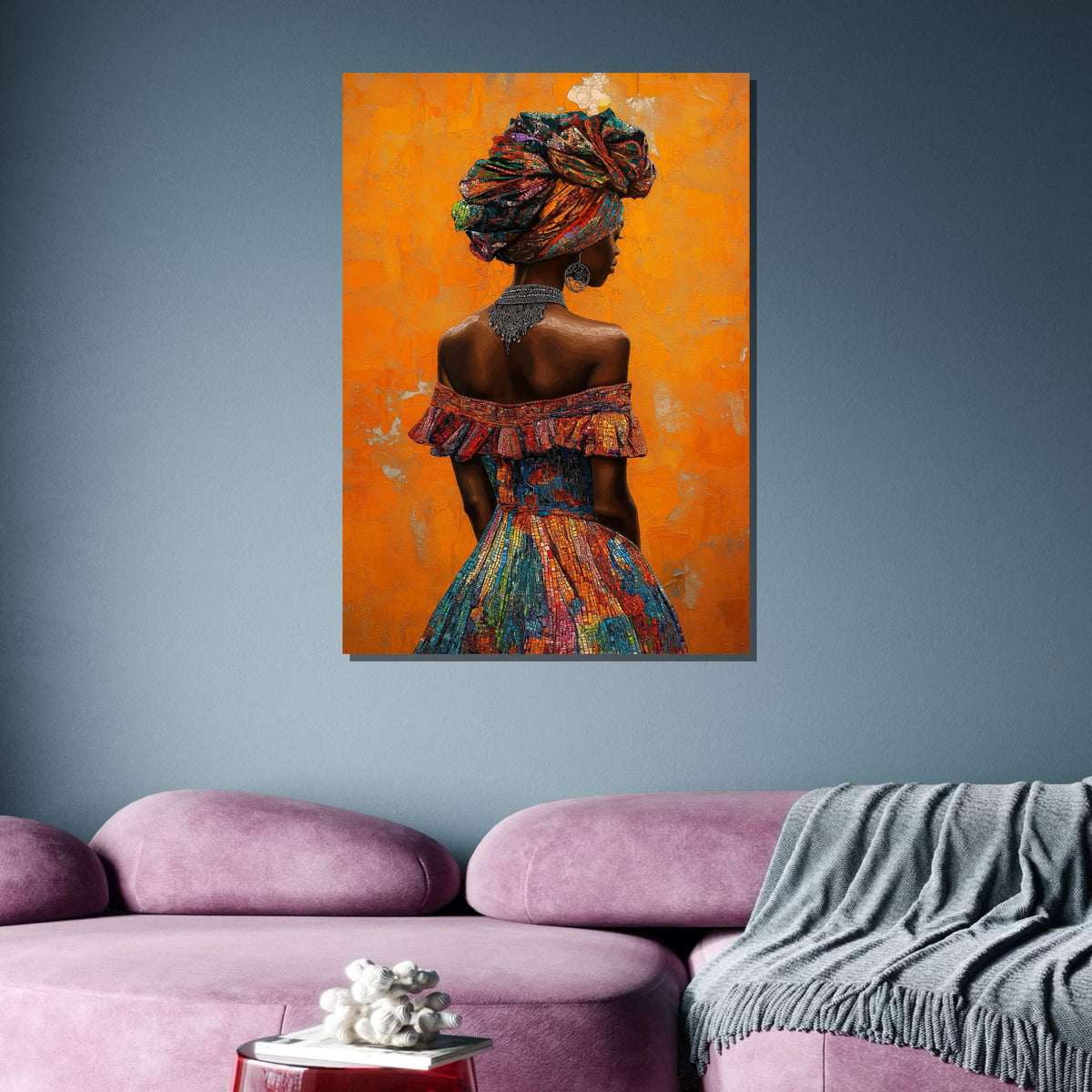 Elegant African Woman Canvas, Mosaic Portrait Art, Vibrant Headwrap Wall Art, African Dress Decor, Bold Orange Background, Ready to Hang