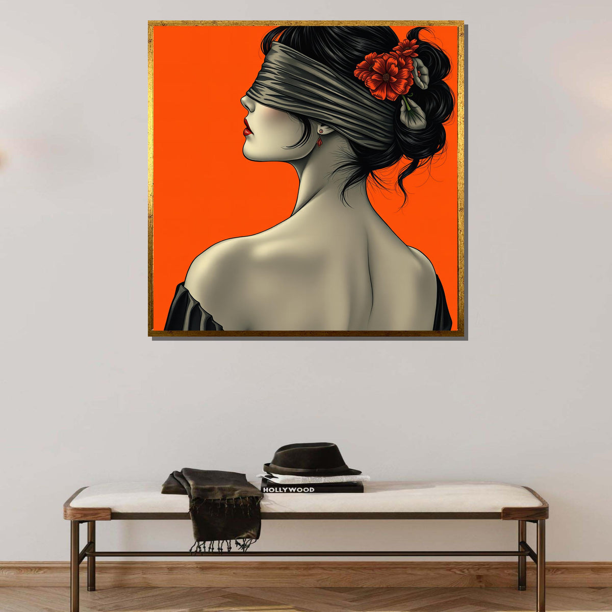 Blindfolded Woman Art Print, Red Floral Portrait, Minimalist Wall Art, Woman Poster, Mysterious Woman Decor, Ready to Hang Canvas