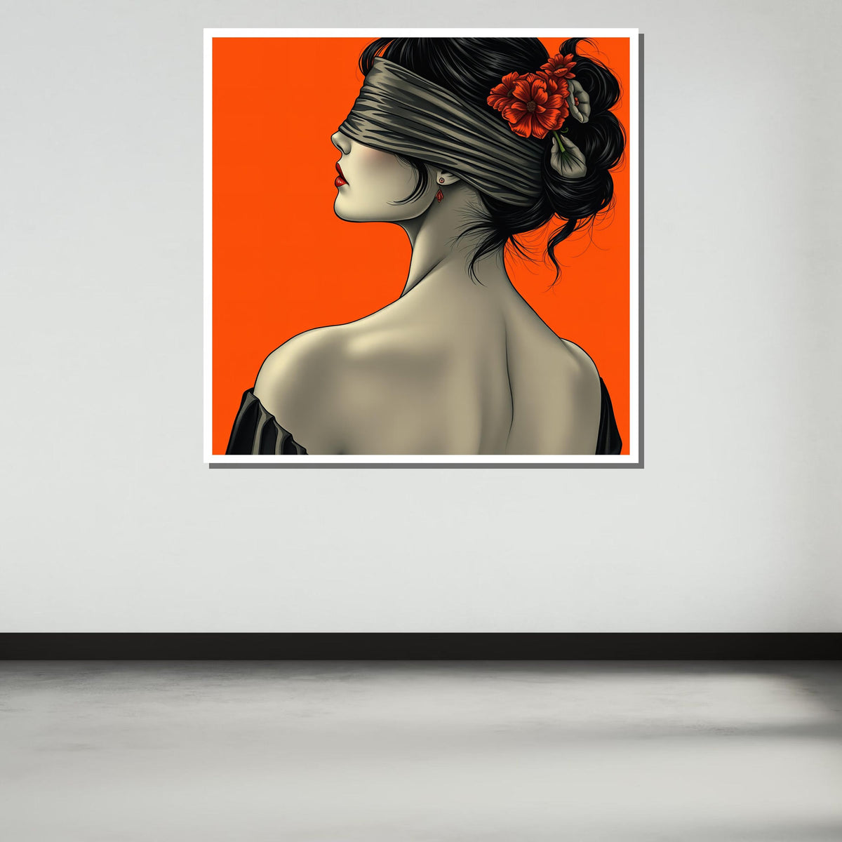 Blindfolded Woman Art Print, Red Floral Portrait, Minimalist Wall Art, Woman Poster, Mysterious Woman Decor, Ready to Hang Canvas